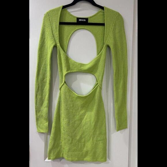 SER.O.YA Women’s Knit Bodycon Cut Out Mini Dress Small Green Long Sleeve Holiday - Picture 2 of 8